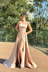 Mermaid Long Square Neck Satin Formal Prom Dress with Split Front
