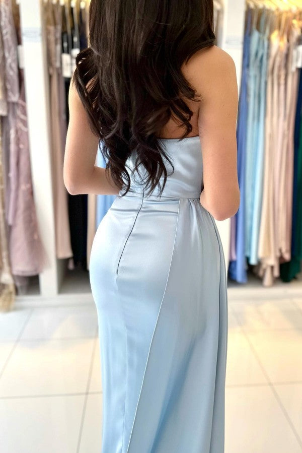 Simple Long Mermaid Strapless Satin Formal Prom Dresses with Slit