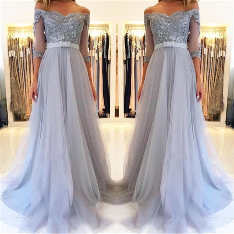 Elegant Off the Shoulder Half Sleeves Appliques Lace Tulle A-Line Prom Dress