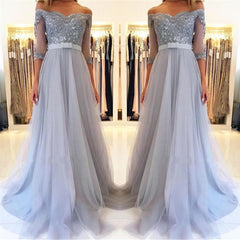 Elegant Off the Shoulder Half Sleeves Appliques Lace Tulle A-Line Prom Dress