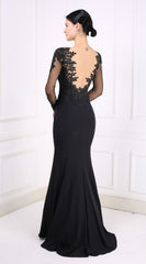Black Sweetheart Long Sleeve Backless Appliques Lace Floor Length Satin Mermaid Prom Dress