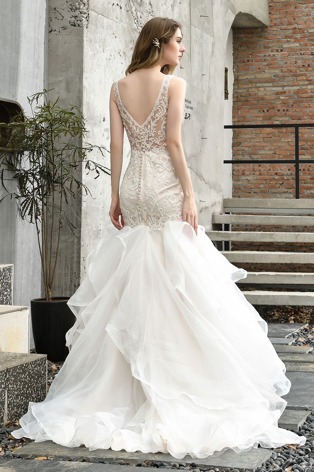 Ivory Long Mermaid V-neck Lace Tulle Ruffles Wedding Dress