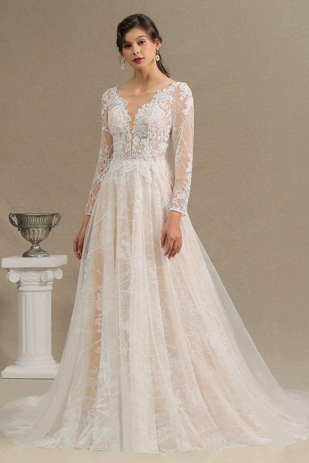 Long A-line V-neck Tulle Lace Wedding Dress with Sleeves