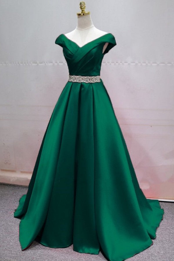 Simple A-line V-neck Floor Length Ruffles Satin Prom Dress With Beaded