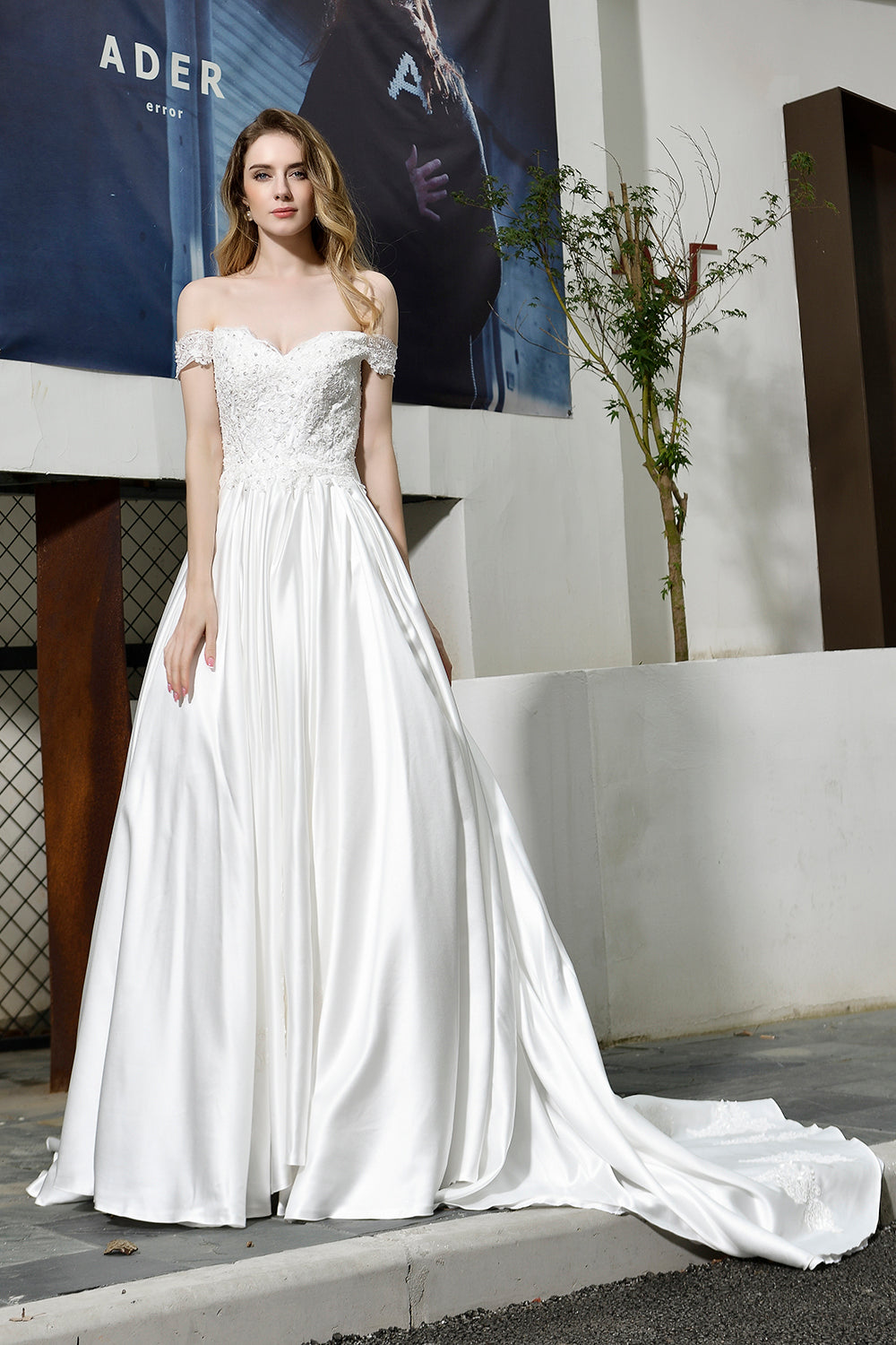 Elegant Long A-line Off the Shoulder Lace Satin Wedding Dresses
