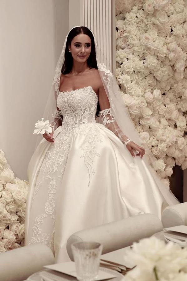 Gorgeous Long Off the Shoulder Lace Satin Wedding Dresses with Sleeves