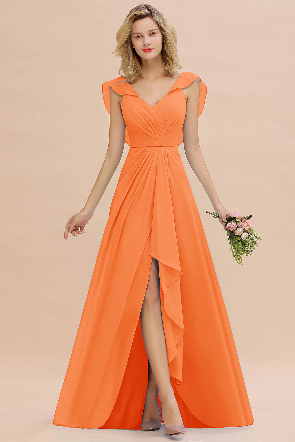 Simple High Low A-line V-Neck Ruffles Chiffon Bridesmaid Dress