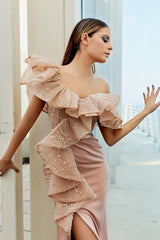 Long Mermaid Off the Shoulder Ruffle Side Split Formal Prom Dress