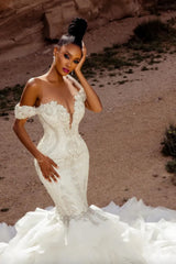 Elegant Long Mermaid Off the Shoulder Tulle Wedding Dresses