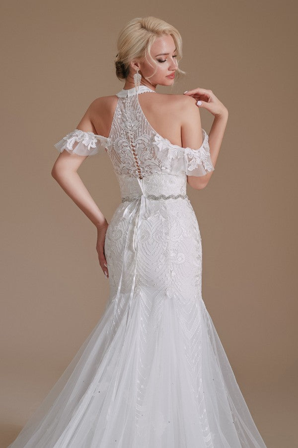 Elegant Long Mermaid Halter Tulle Floor Length Wedding Dress with Appliques Lace