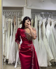 Elegant Long Mermaid Satin Floor Length Formal Evening Dress with Sleeves