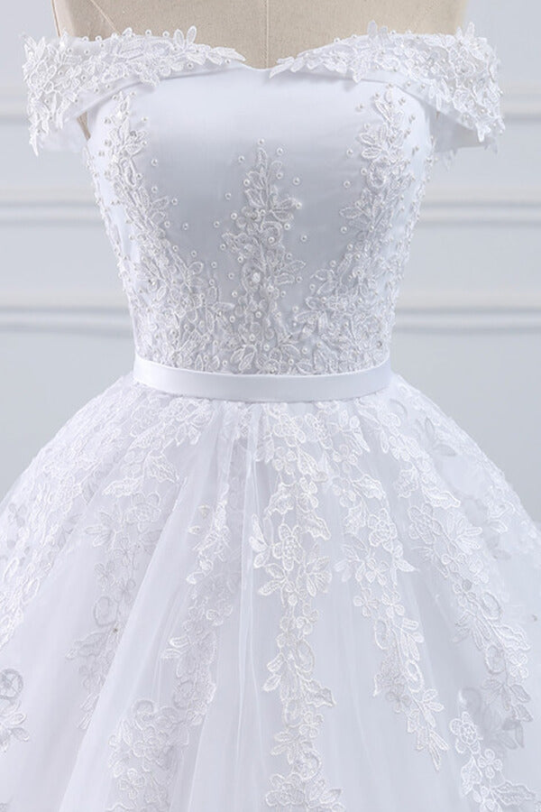 Long Ball Gown Lace-up Off Shoulder Appliques Tulle Wedding Dress