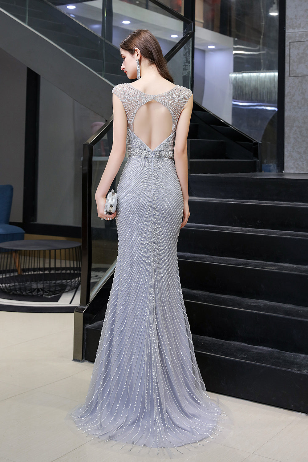 Sexy Mermaid V-neck Tulle Sleeveless Silver Long Formal Evening Dress