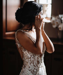 Long V-neck Wide Straps Appliques Lace Open Back Mermaid Wedding Dress