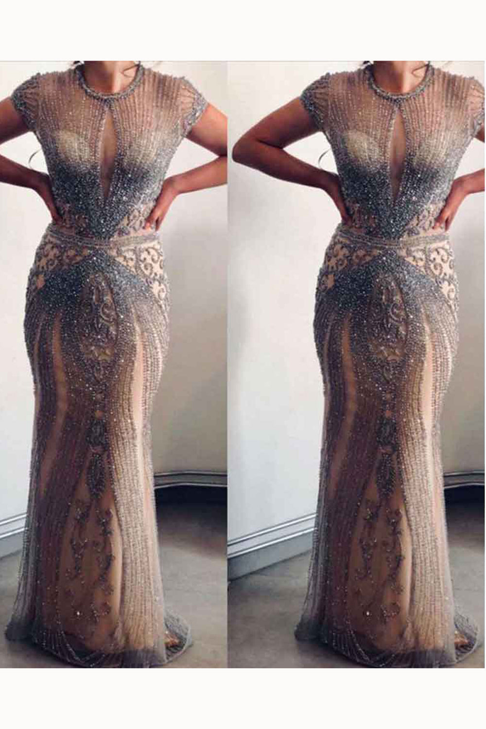 Long Mermaid Jewel Satin Beads Formal Evening Dresses