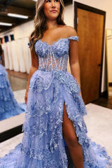 Long A-line Off the Shoulder Tulle Lace Prom Dresses with Slit
