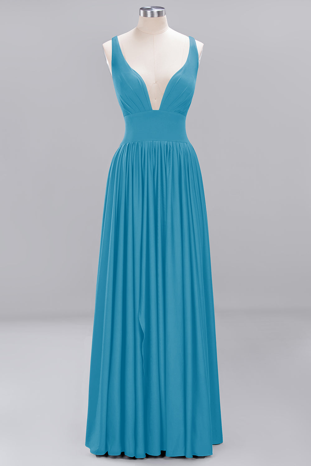 A-Line V-Neck Sleeveless Long Ruffles Bridesmaid Dress