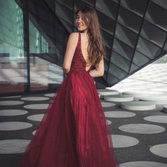 Gorgeous Long A-line V-neck Tulle Backless Prom Dress Appliques Lace
