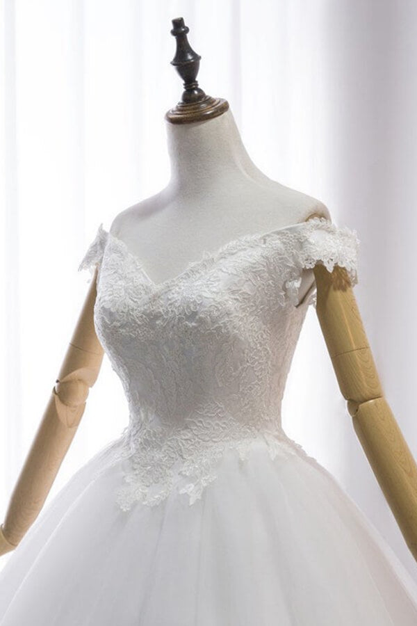 Amazing Long Off the Shoulder V-neck Lace Tulle Ball Gown Wedding Dress