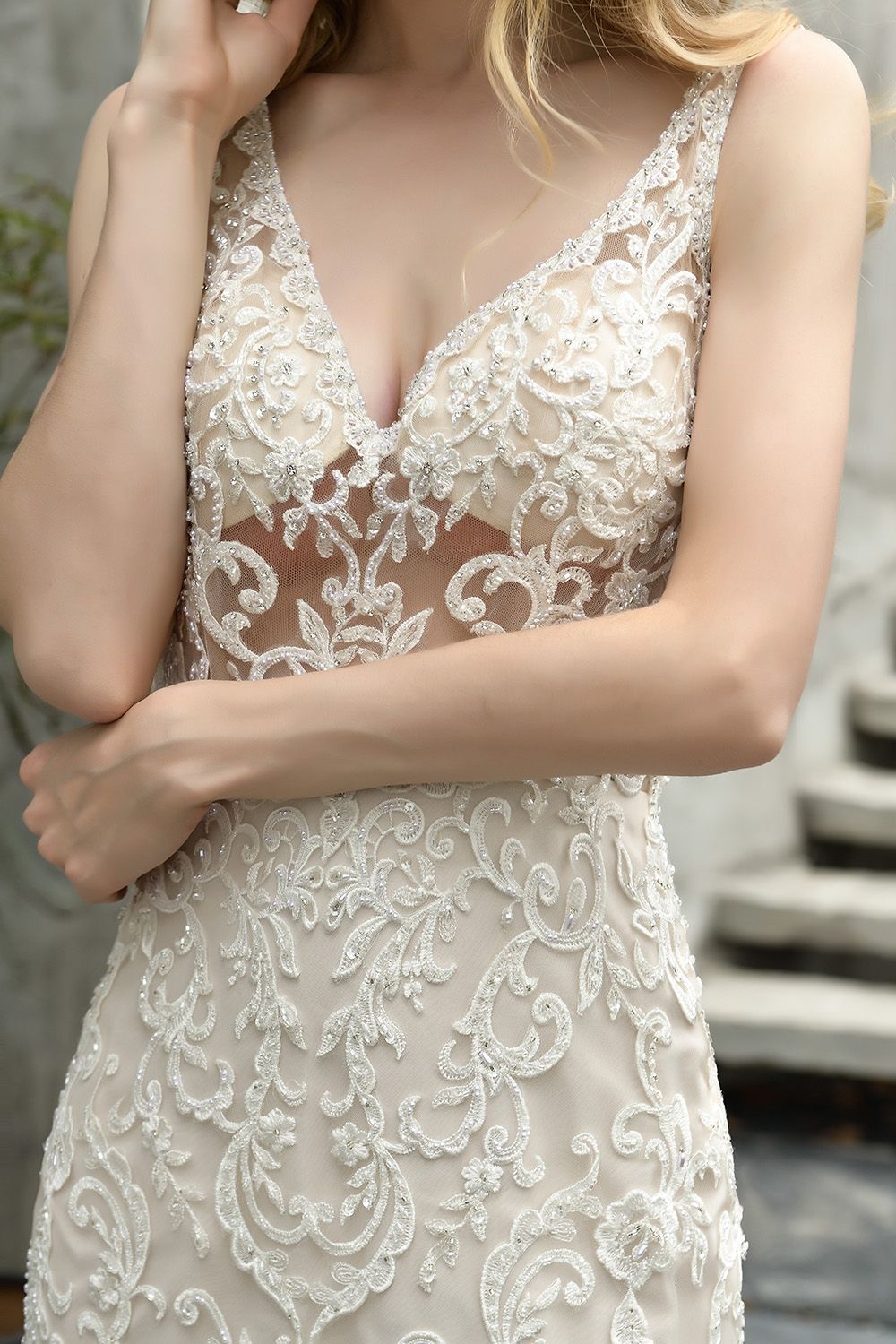 Ivory Long Mermaid V-neck Lace Tulle Ruffles Wedding Dress