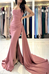 Simple Long Mermaid Strapless Satin Formal Prom Dresses