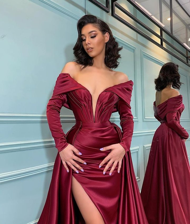 Long Sleeve Mermaid Off the Shoulder Burgundy Prom Dress with Slit