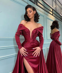 Long Sleeve Mermaid Off the Shoulder Burgundy Prom Dress with Slit