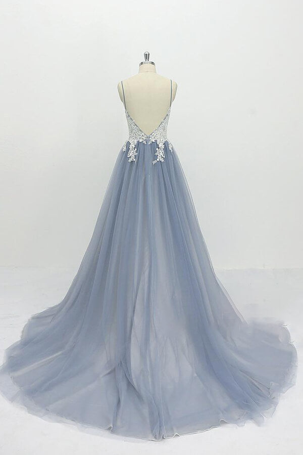Chic Long A-line Spaghetti Strap Appliques Tulle Open Back Wedding Dress