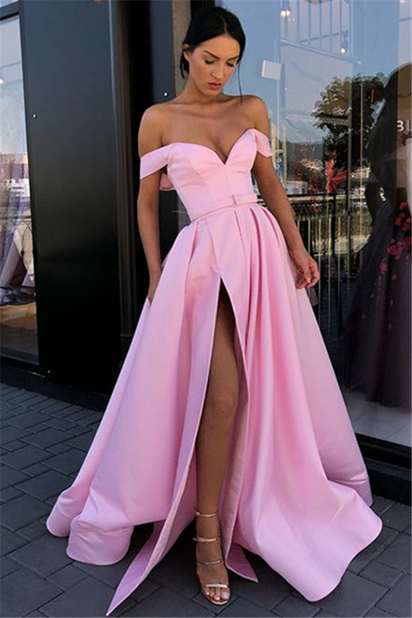 Long A-line Sweetheart Off the Shoulder Floor Length Prom Dress With Side Slit