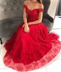 Long Off the Shoulder Tulle Lace A-line Prom Dress