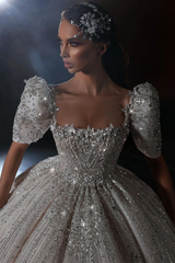 Gorgeous Long Ball Gown Square Neck Sequined Wedding Dresses with Short Sleeves