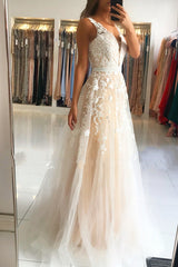 Long V-neck Open Back Lace Floor Length A-Line Ruffles Prom Dress