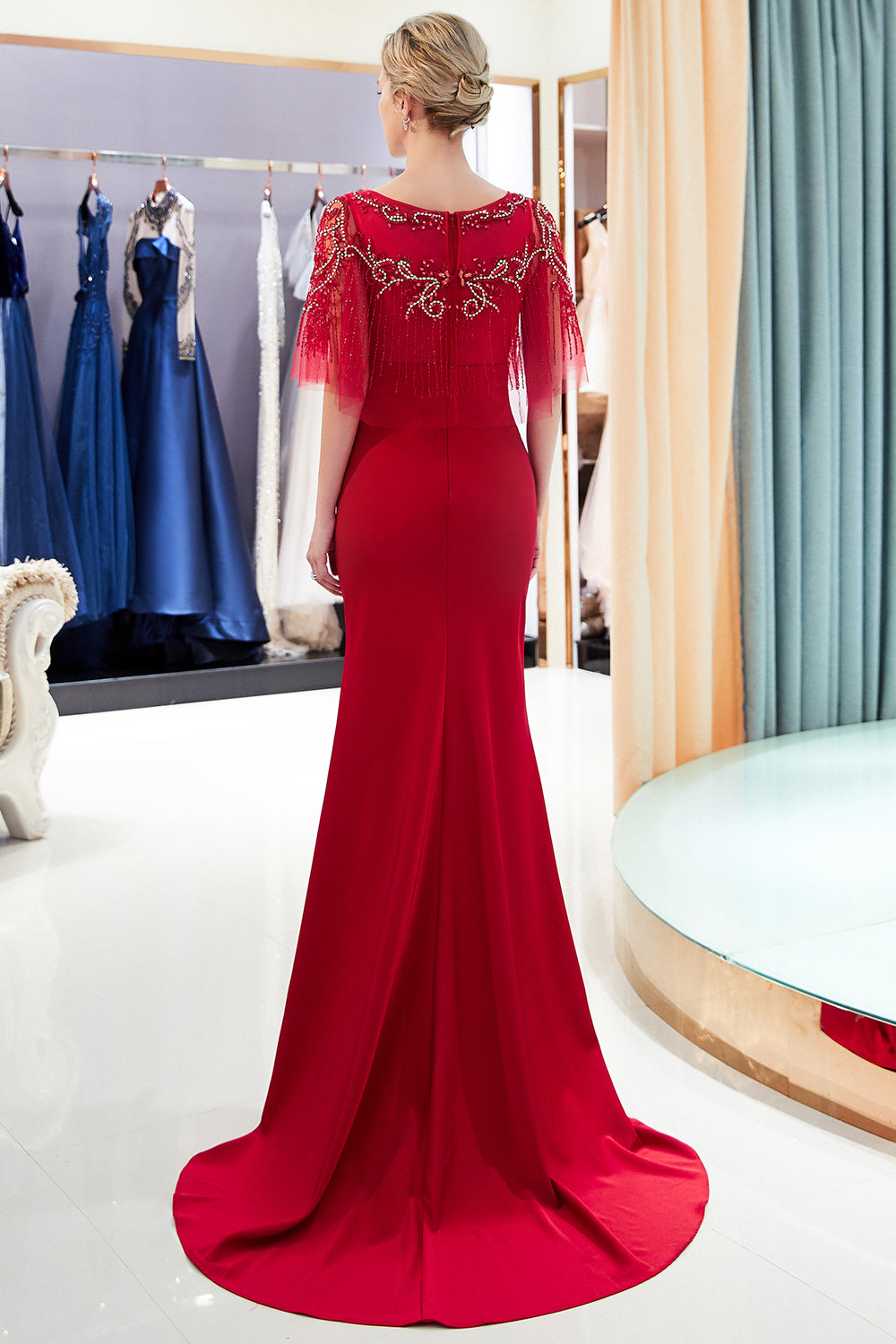 Red Long Jewel Satin Mermaid Formal Evening Dresses
