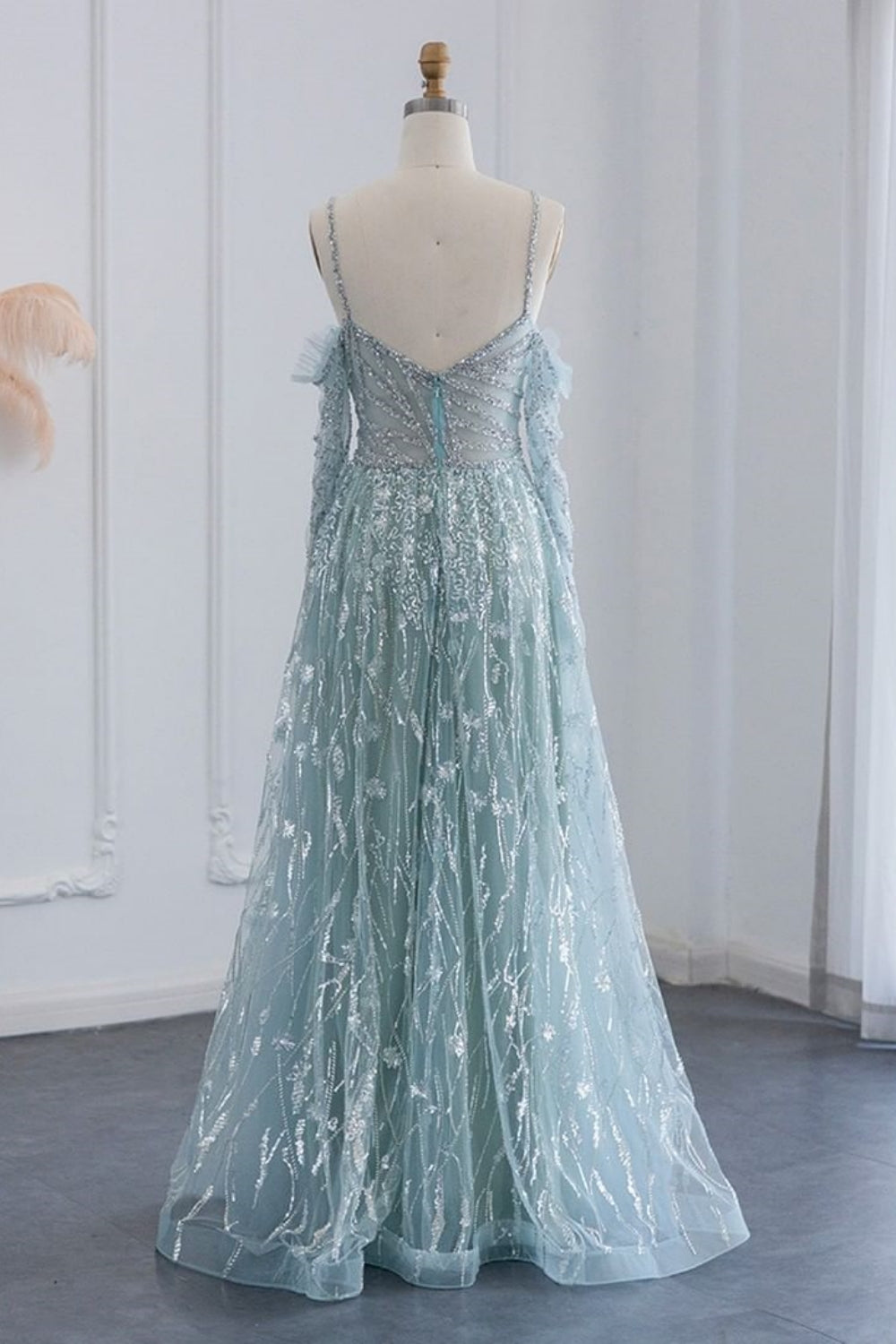 Long A-line Spaghetti Straps Fur Beadings Evening Party Dress with Sleeves