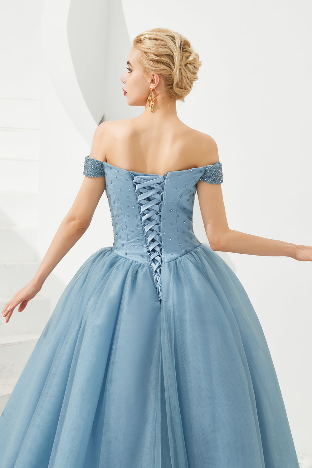 Long A-line Off the Shoulder Tulle Sequin Formal Dresses