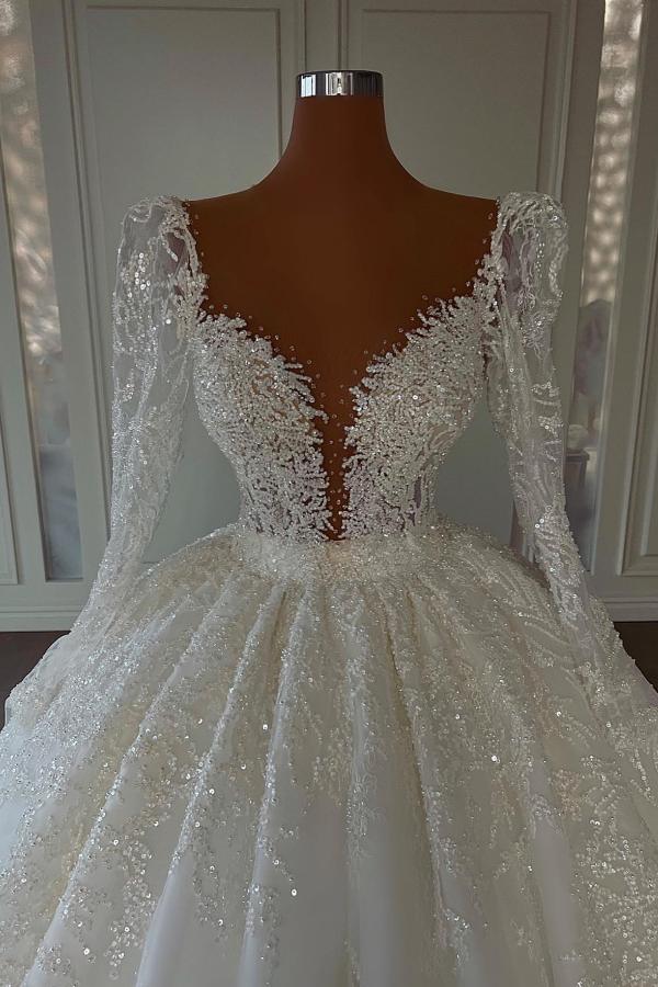 Luxury Long Ball Gown Sweetheart Lace Wedding Dress with Sleeves