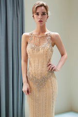 Long Jewel Tulle Beaded Mermaid Formal Evening Dresses