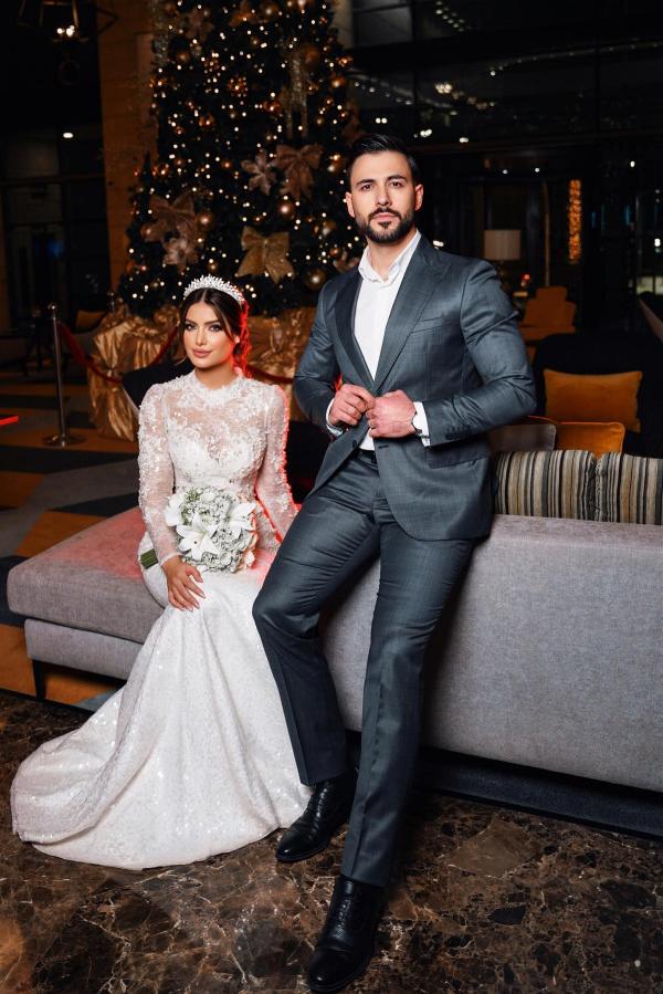 Long Sleeves High Neck Satin Lace Mermaid Wedding Dresses with Chapel Train