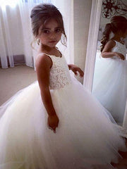 Long A-line Sleeveless Jewel Neck Tulle Lace Ivory Flower Girl Dresses
