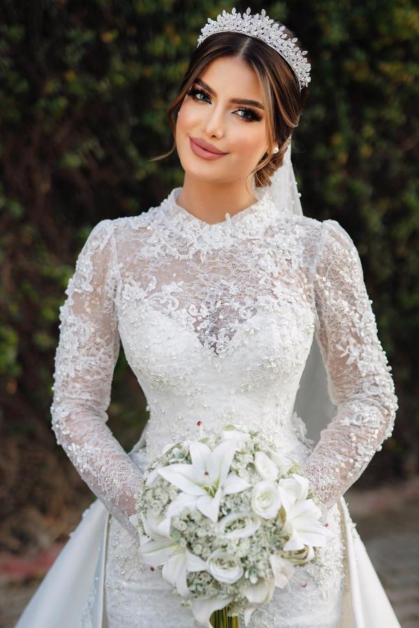 Long Sleeves High Neck Satin Lace Mermaid Wedding Dresses with Chapel Train