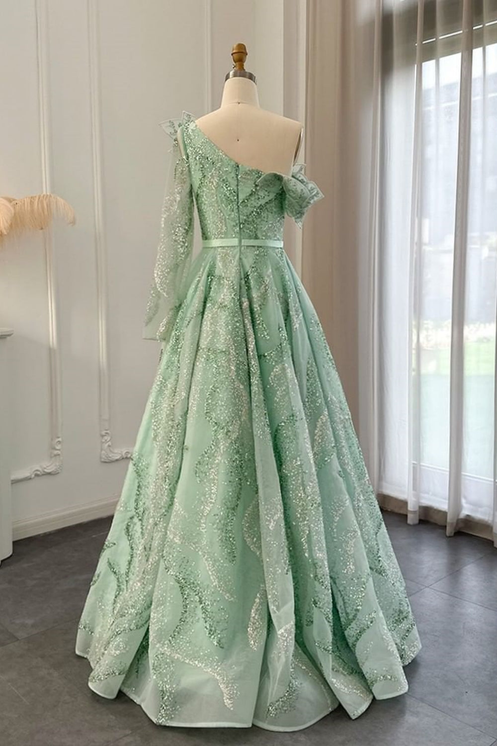 Luxury Long A-line One Shoulder Shiny Sequins Formal Prom Dress with Sash