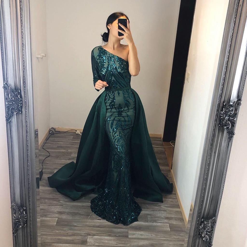 One Shoulder Long Sleeve Beading Sequins Floor Length Mermaid Formal Dress