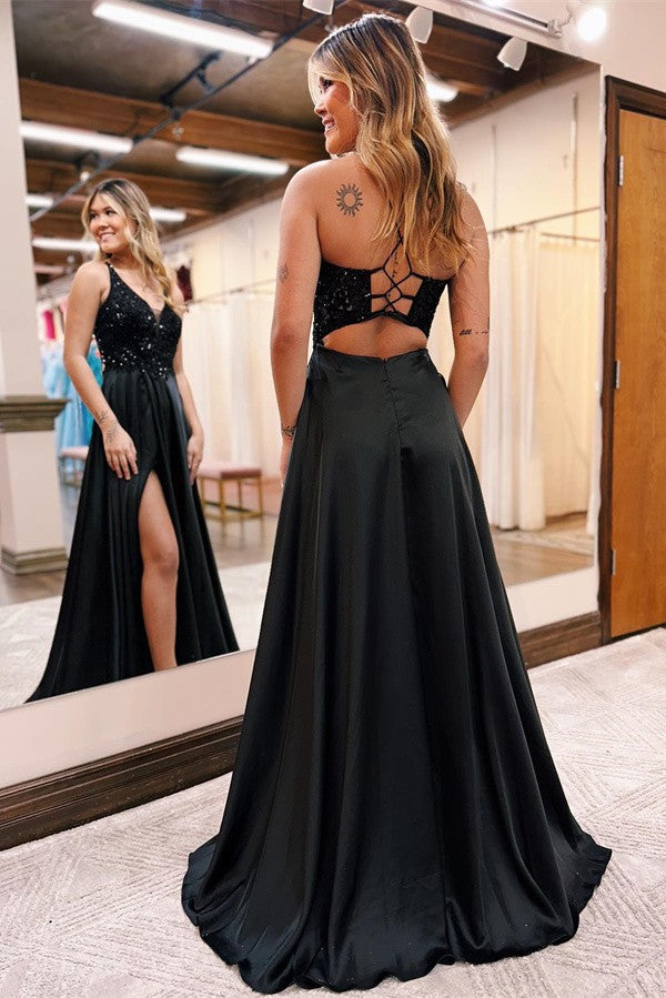 Black Long A-line V-neck Satin Lace Front Slit Prom Dress with Pockets