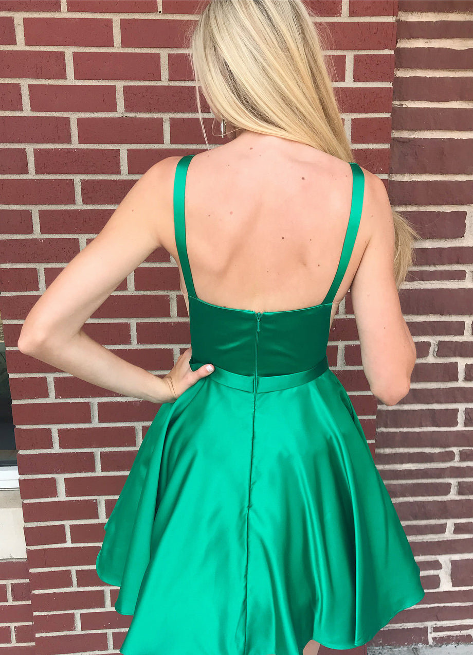 Sexy V-Neck A-line Satin Homecoming Dress with Pockets