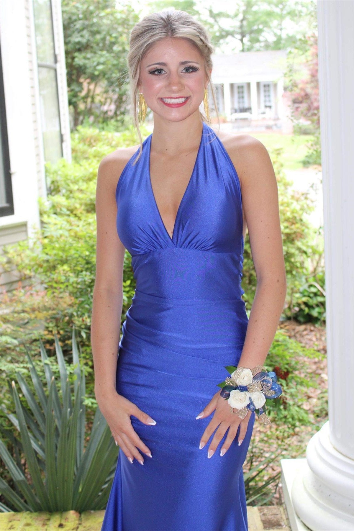 Long Halter V-Neck Open Back Mermaid Satin Plue Size Prom Dress