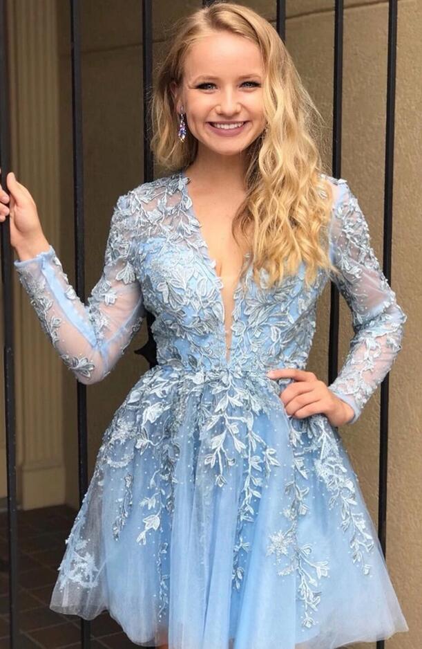 Elegant V-neck Long Sleeve Appliques Lace Tulle Ruffles A-line Short Homecoming Dress