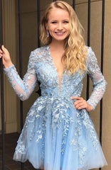 Elegant V-neck Long Sleeve Appliques Lace Tulle Ruffles A-line Short Homecoming Dress