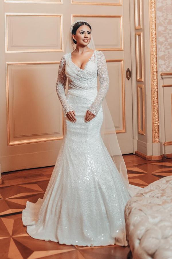 Long Sleeves Mermaid V-neck Sequined Wedding Dresses with Detachable Train