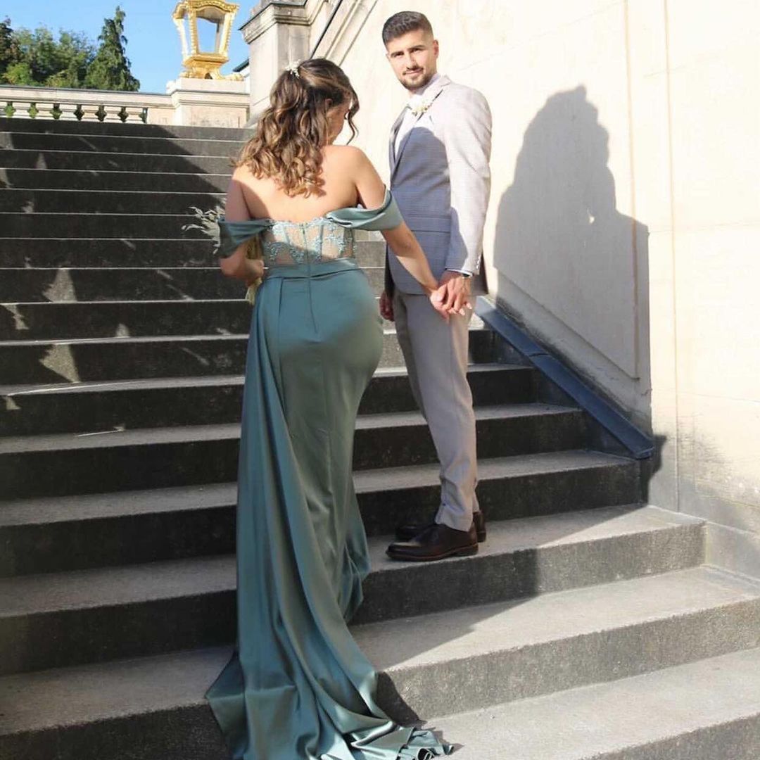Modest Long Mermaid Off the Shoulder Satin Prom Dress with Slit