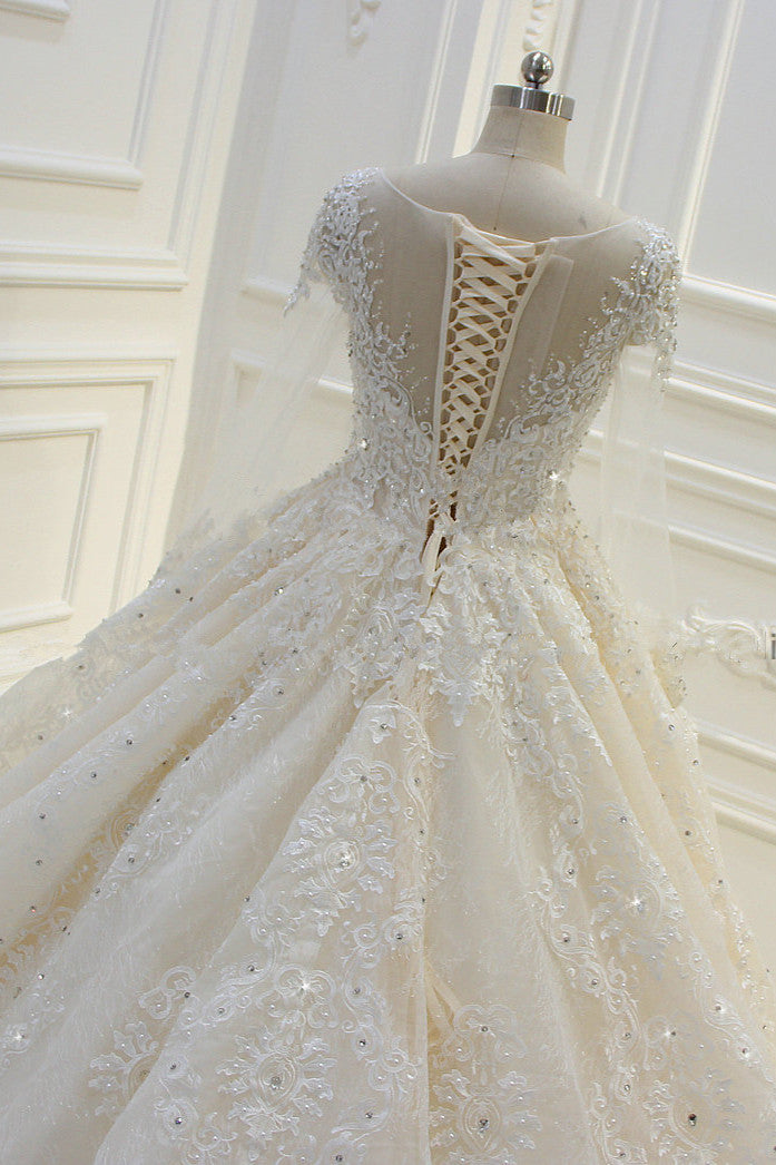 Long Sleeve Beading Bateau Appliques Lace Ball Gown Wedding Dress
